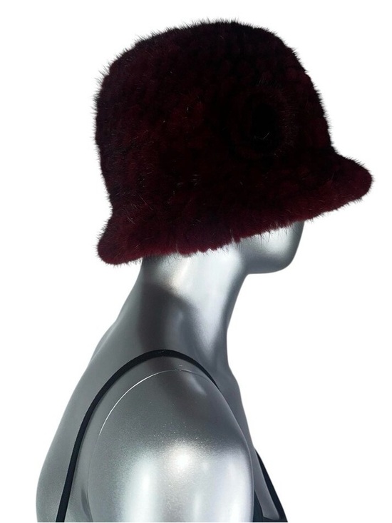 Wine Red Knitted MINK Hat w/Brim & Rosette, Sz M/L, Certified Vintage Fur main image 7